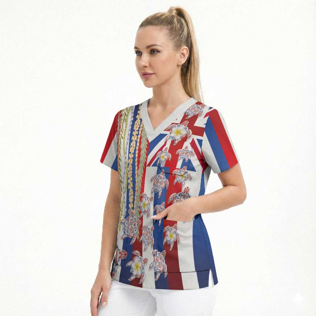 Hawaiian Polynesian Tribal Turtles Scrub Top with Lei and Flag Style LT03 - Polynesian Pride