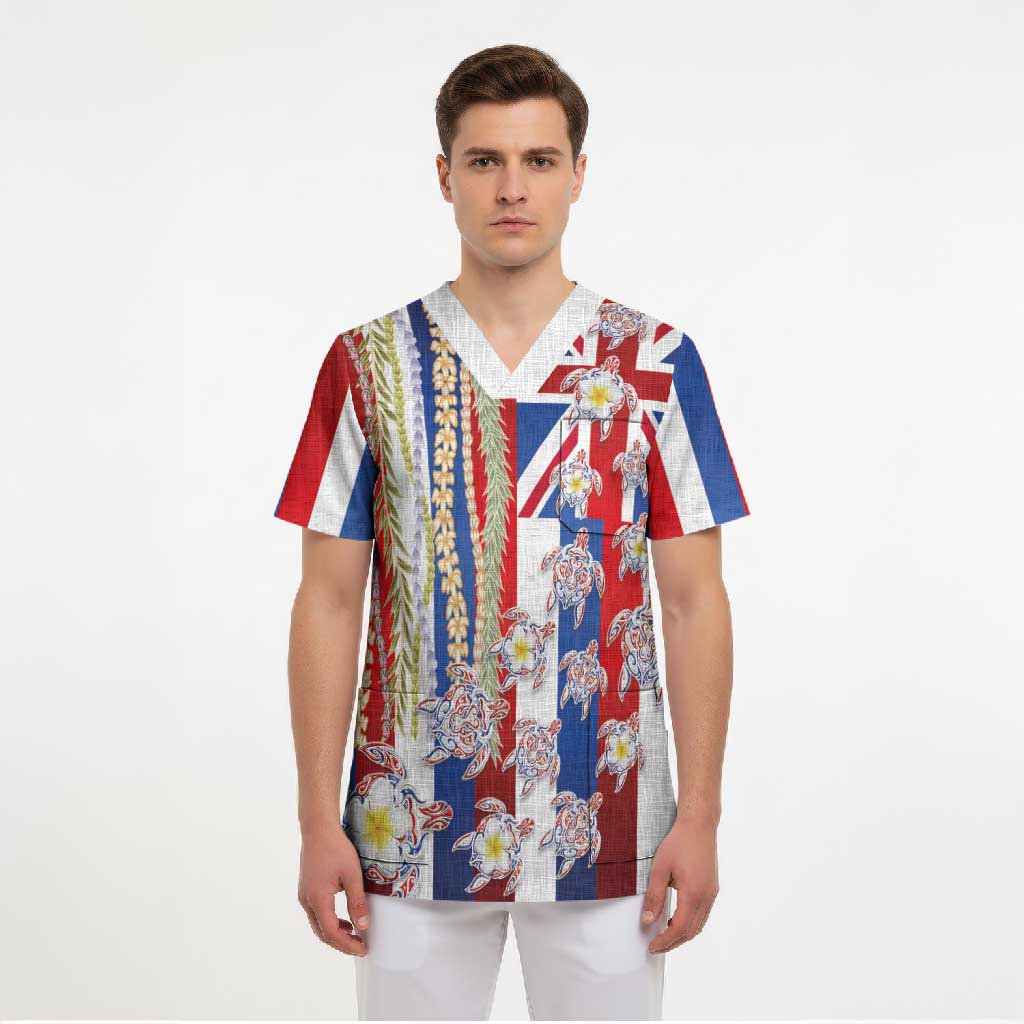 Hawaiian Polynesian Tribal Turtles Scrub Top with Lei and Flag Style LT03 - Polynesian Pride