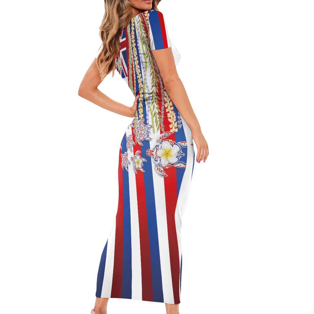 Hawaiian Polynesian Tribal Turtles Short Sleeve Bodycon Dress with Lei and Flag Style LT03 - Polynesian Pride