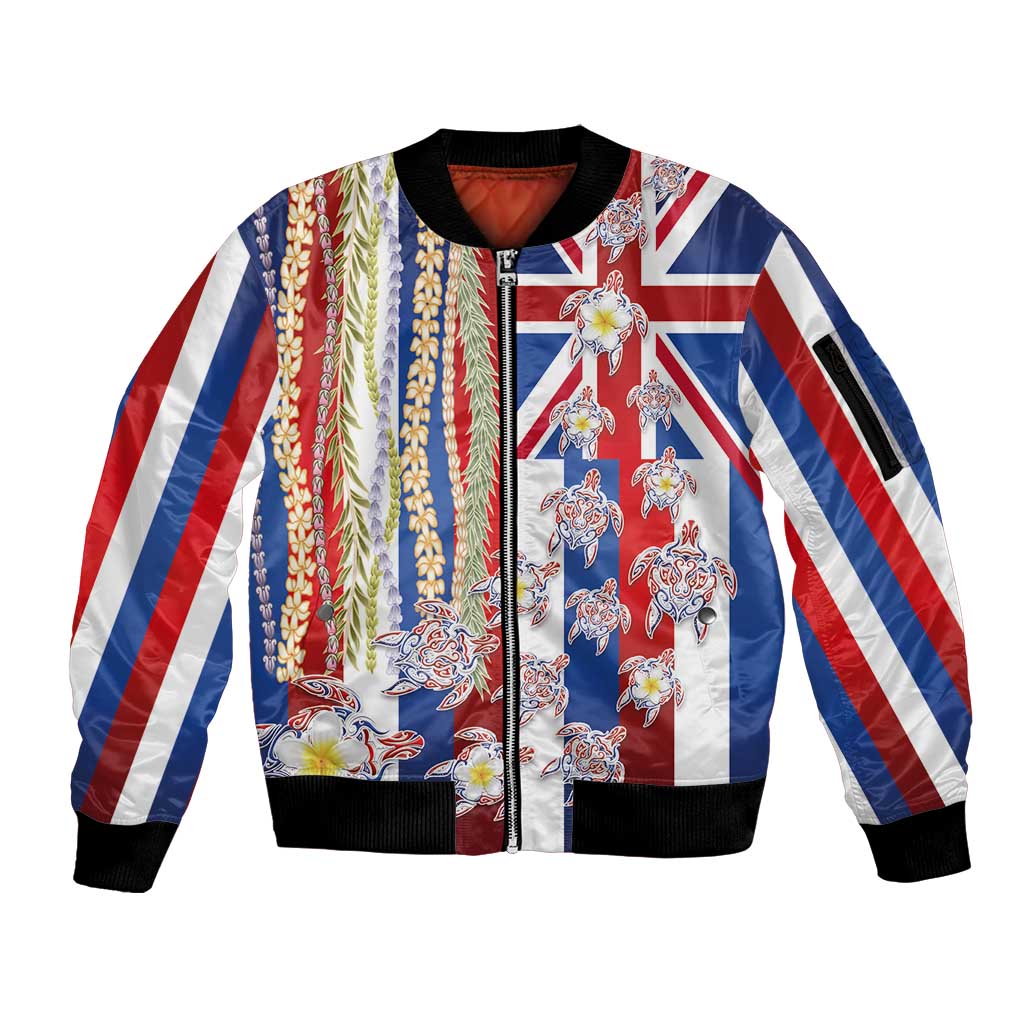 Hawaiian Polynesian Tribal Turtles Sleeve Zip Bomber Jacket with Lei and Flag Style LT03 Unisex Multicolor - Polynesian Pride