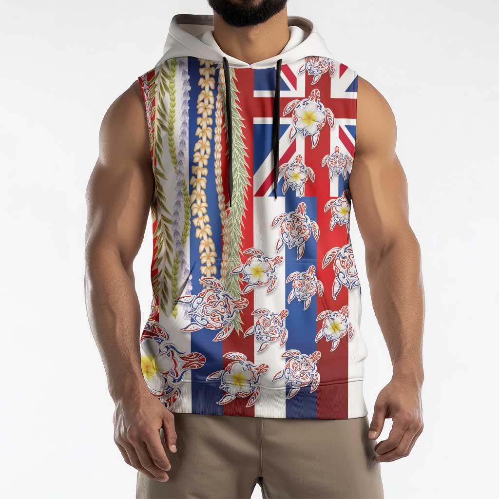 Hawaiian Polynesian Tribal Turtles Sleeveless Hoodie with Lei and Flag Style LT03 - Polynesian Pride