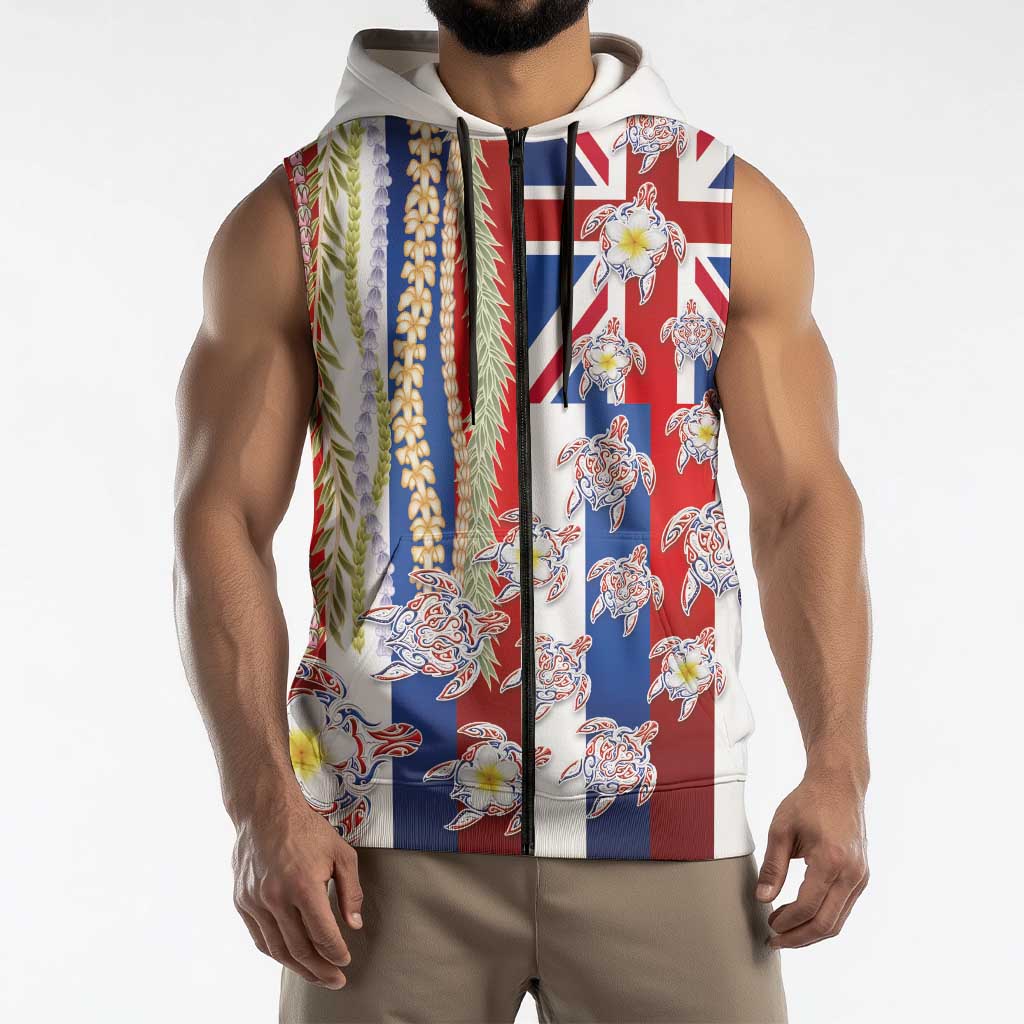 Hawaiian Polynesian Tribal Turtles Sleeveless Zip Hoodie with Lei and Flag Style LT03 - Polynesian Pride
