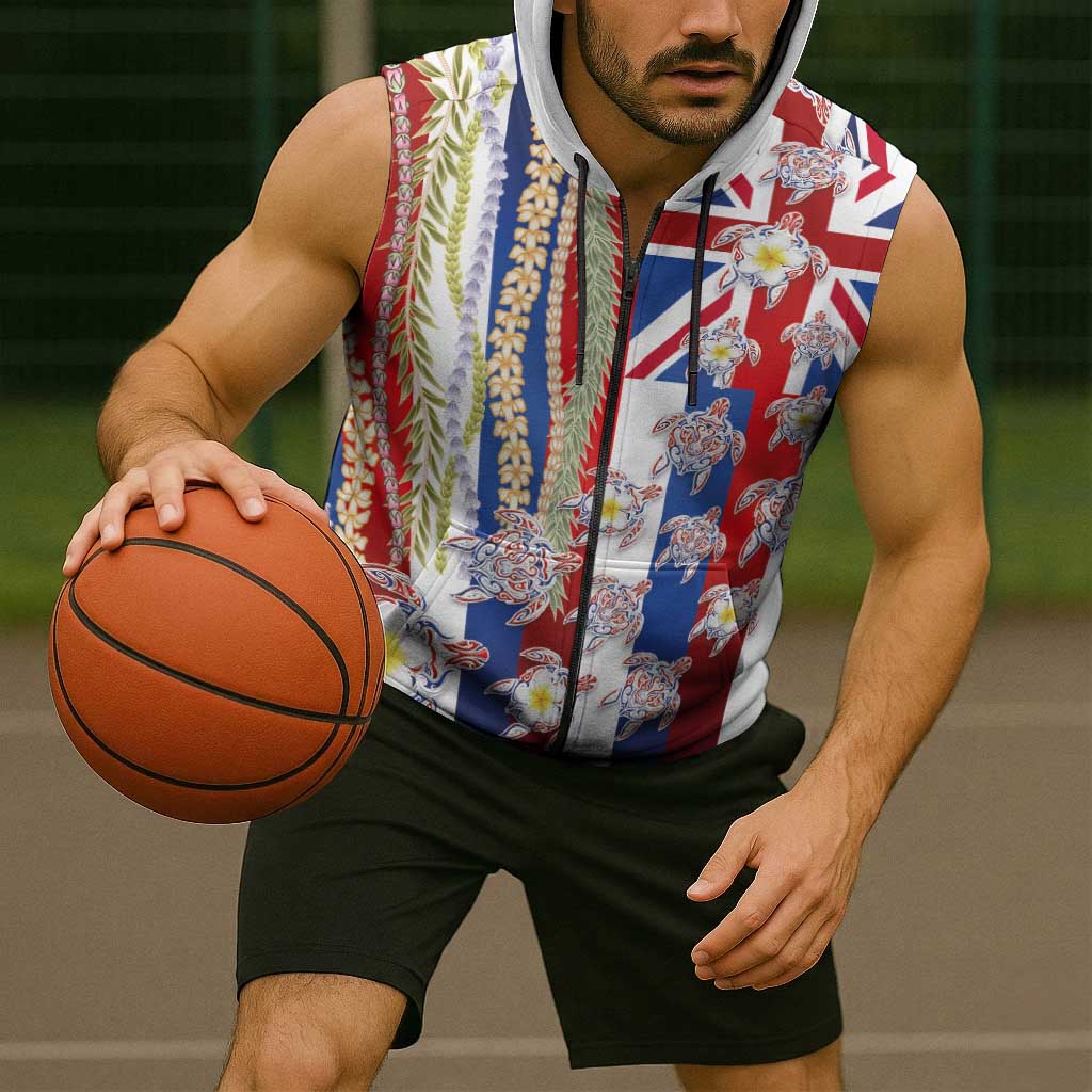 Hawaiian Polynesian Tribal Turtles Sleeveless Zip Hoodie with Lei and Flag Style LT03 - Polynesian Pride