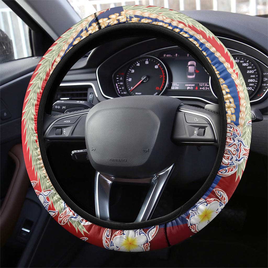 Hawaiian Polynesian Tribal Turtles Steering Wheel Cover with Lei and Flag Style