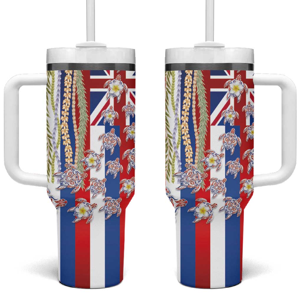 Hawaiian Polynesian Tribal Turtles Tumbler With Handle with Lei and Flag Style LT03 One Size: 40 oz Multicolor - Polynesian Pride