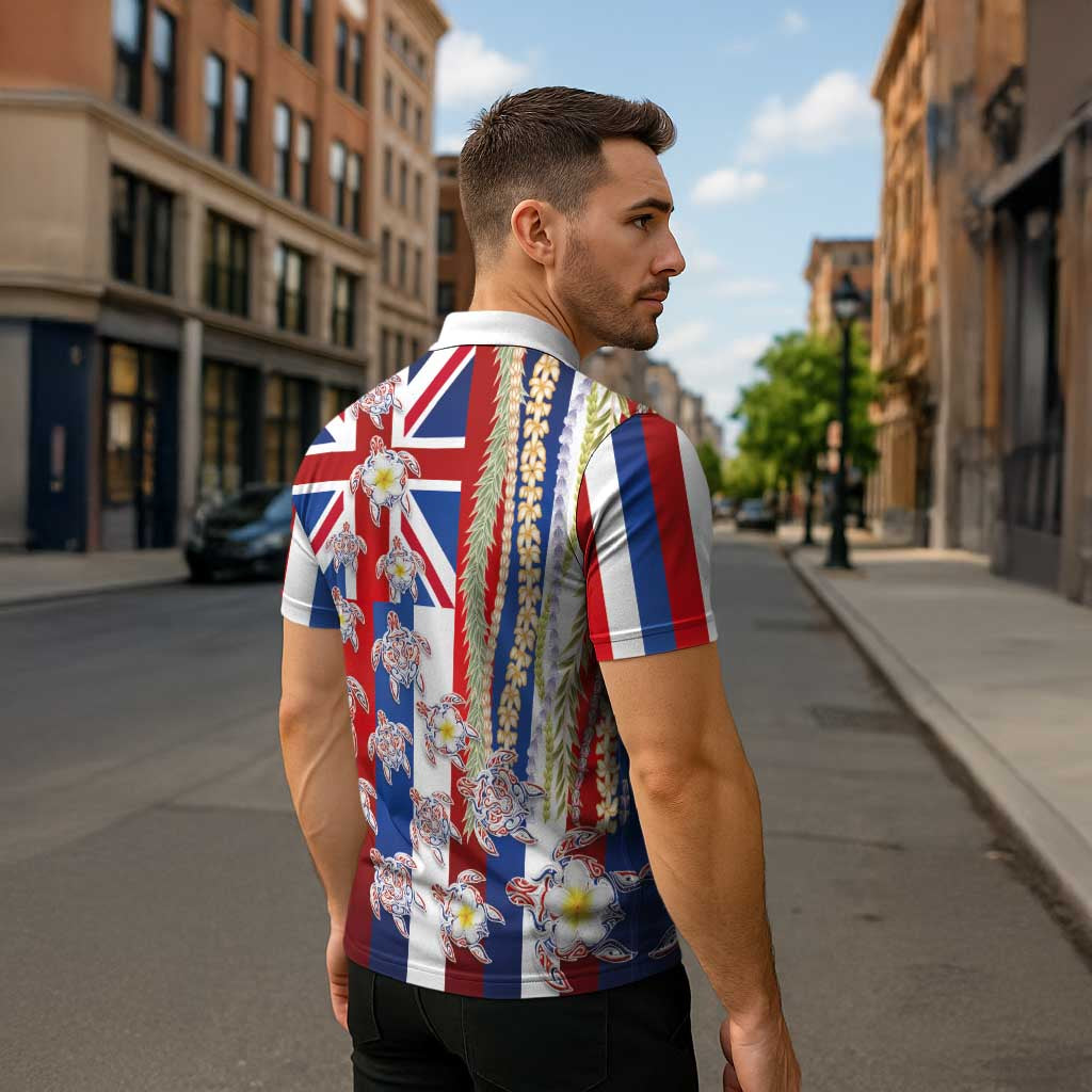 Hawaiian Polynesian Tribal Turtles Zipper Polo Shirt with Lei and Flag Style LT03 - Polynesian Pride