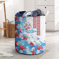 Hawaiian Tribal Manta Ray Laundry Basket Kakau Tattoo and Flowers Surfing Waves Pattern Ocean Color LT03 Multicolor - Polynesian Pride