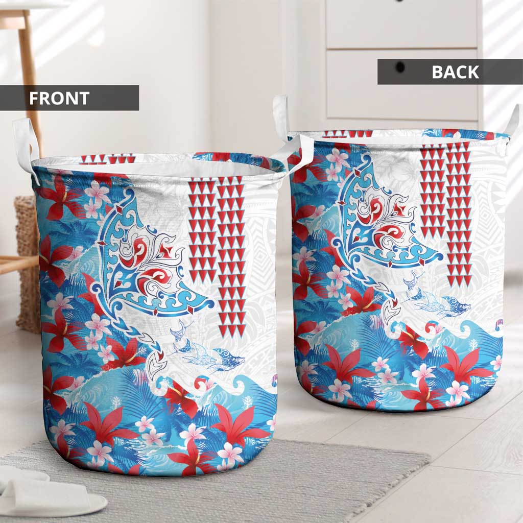 Hawaiian Tribal Manta Ray Laundry Basket Kakau Tattoo and Flowers Surfing Waves Pattern Ocean Color LT03 - Polynesian Pride