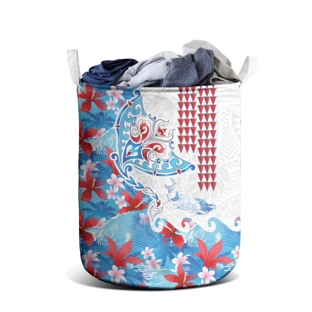 Hawaiian Tribal Manta Ray Laundry Basket Kakau Tattoo and Flowers Surfing Waves Pattern Ocean Color LT03 - Polynesian Pride