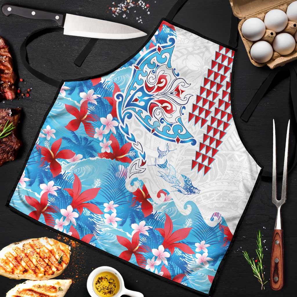 Hawaiian Tribal Manta Ray Apron Kakau Tattoo and Flowers Surfing Waves Pattern Ocean Color LT03 Multicolor - Polynesian Pride