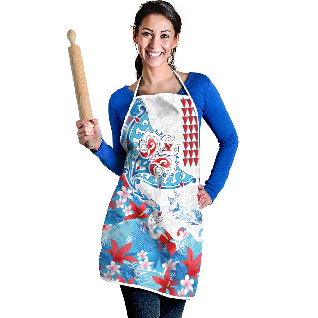 Hawaiian Tribal Manta Ray Apron Kakau Tattoo and Flowers Surfing Waves Pattern Ocean Color LT03 - Polynesian Pride
