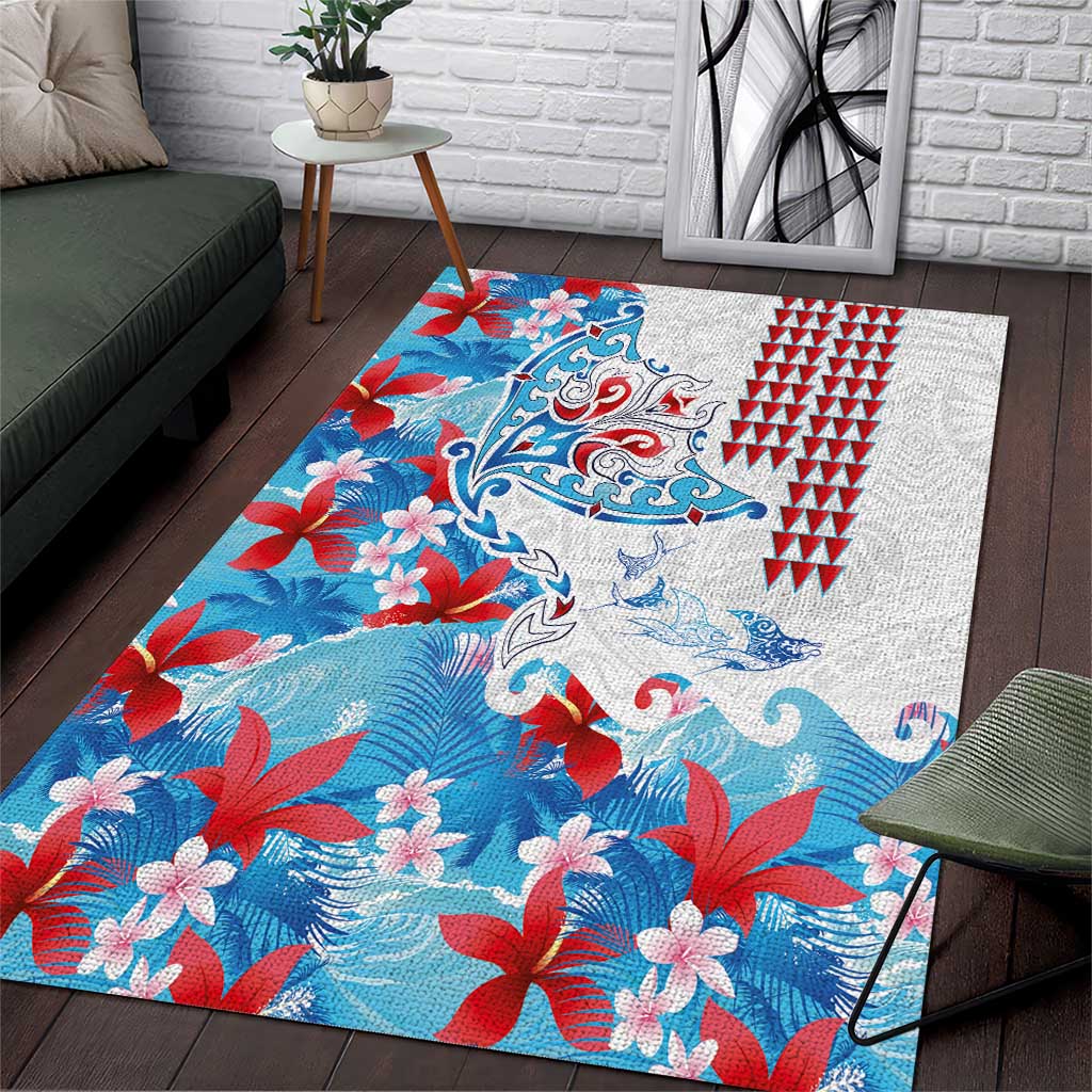 Hawaiian Tribal Manta Ray Area Rug Kakau Tattoo and Flowers Surfing Waves Pattern Ocean Color