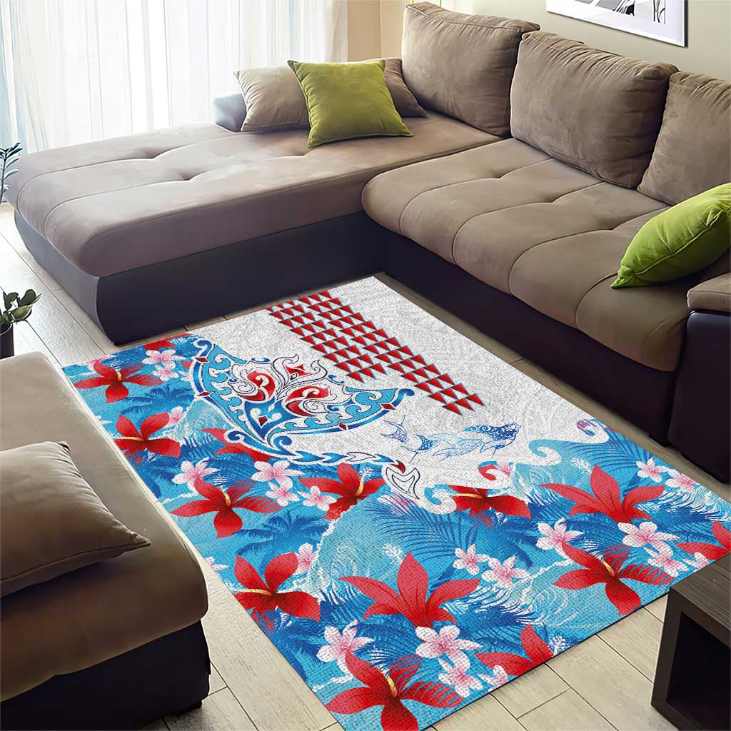 Hawaiian Tribal Manta Ray Area Rug Kakau Tattoo and Flowers Surfing Waves Pattern Ocean Color