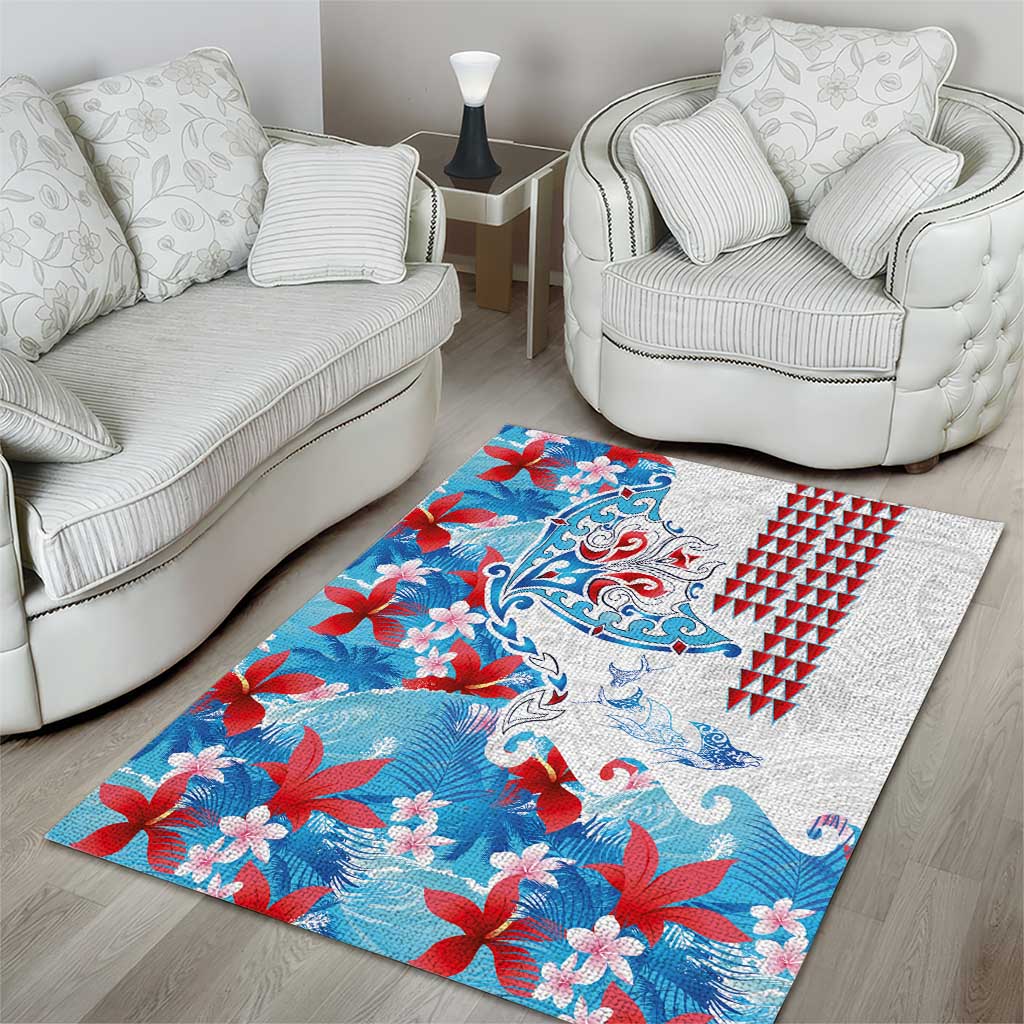 Hawaiian Tribal Manta Ray Area Rug Kakau Tattoo and Flowers Surfing Waves Pattern Ocean Color