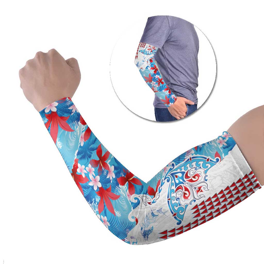 Hawaiian Tribal Manta Ray Arm Sleeves Kakau Tattoo and Flowers Surfing Waves Pattern Ocean Color LT03 Set of 2 Multicolor - Polynesian Pride