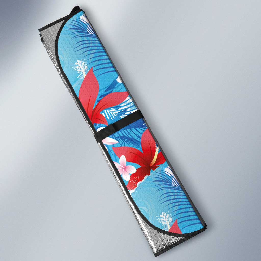 Hawaiian Tribal Manta Ray Auto Sun Shade Kakau Tattoo and Flowers Surfing Waves Pattern Ocean Color