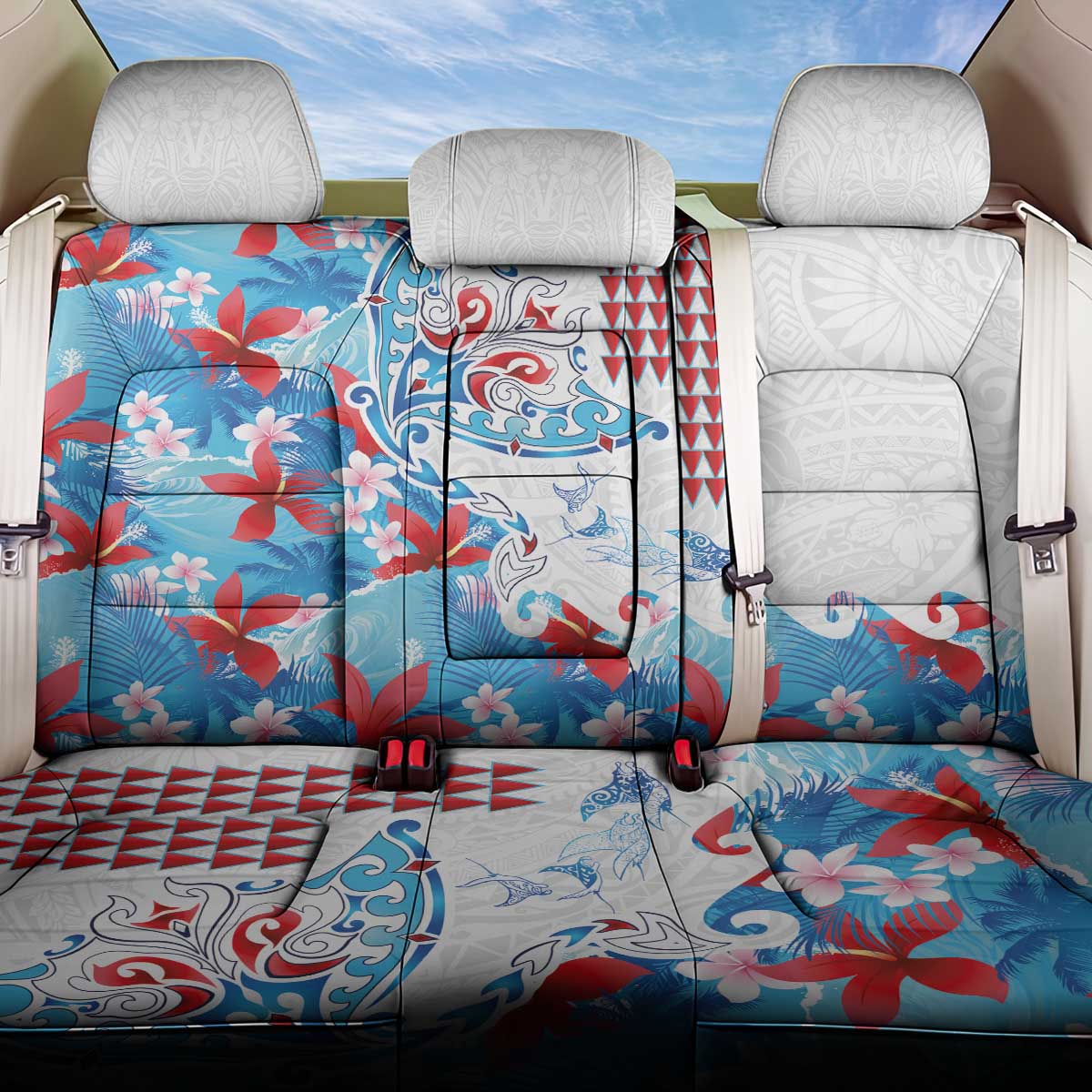 Hawaiian Tribal Manta Ray Back Car Seat Cover Kakau Tattoo and Flowers Surfing Waves Pattern Ocean Color