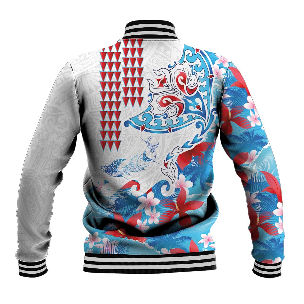Hawaiian Tribal Manta Ray Baseball Jacket Kakau Tattoo and Flowers Surfing Waves Pattern Ocean Color LT03 - Polynesian Pride
