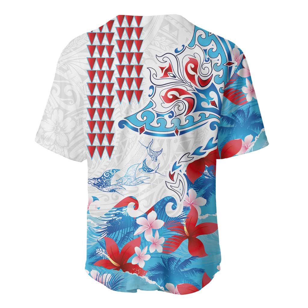 Hawaiian Tribal Manta Ray Baseball Jersey Kakau Tattoo and Flowers Surfing Waves Pattern Ocean Color
