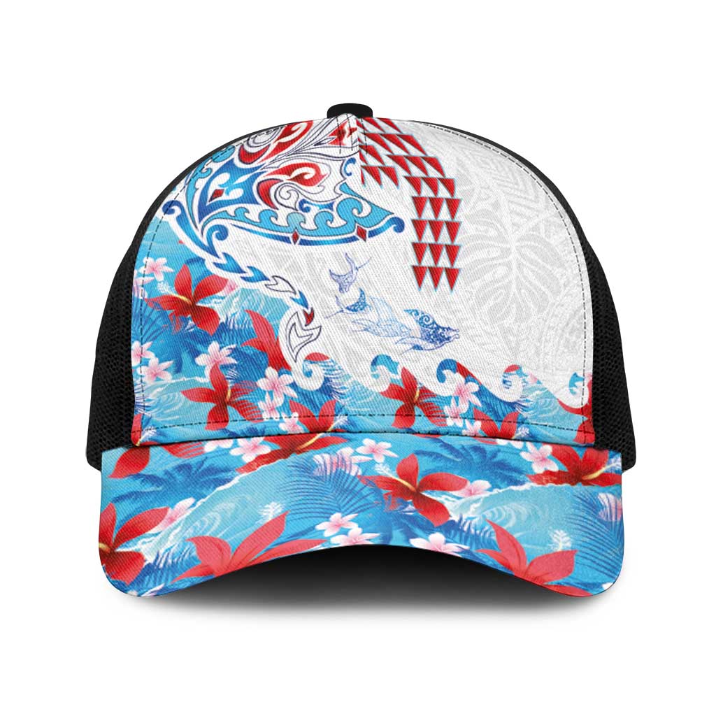 Hawaiian Tribal Manta Ray Baseball Net Cap Kakau Tattoo and Flowers Surfing Waves Pattern Ocean Color