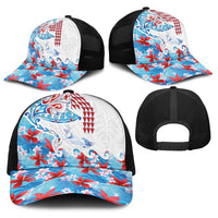 Hawaiian Tribal Manta Ray Baseball Net Cap Kakau Tattoo and Flowers Surfing Waves Pattern Ocean Color LT03 - Polynesian Pride