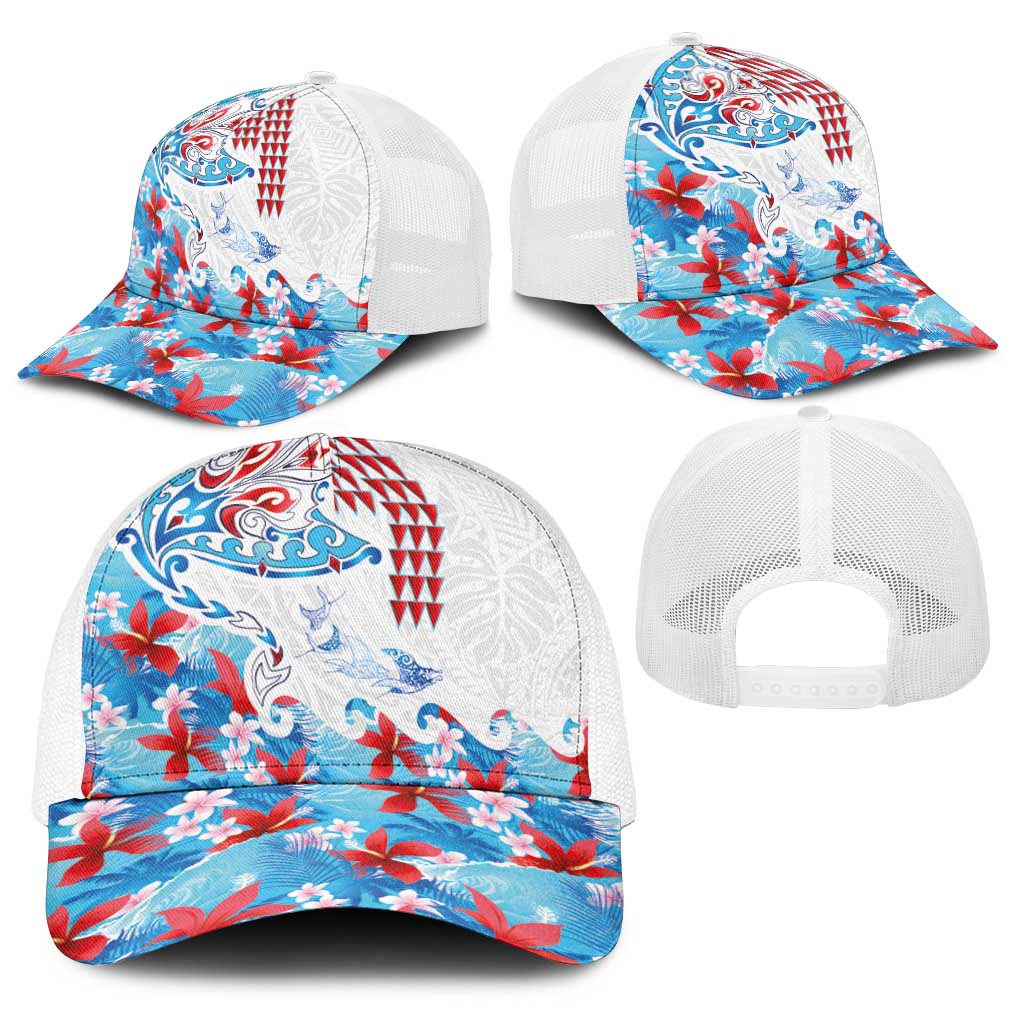 Hawaiian Tribal Manta Ray Baseball Net Cap Kakau Tattoo and Flowers Surfing Waves Pattern Ocean Color LT03 - Polynesian Pride