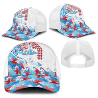 Hawaiian Tribal Manta Ray Baseball Net Cap Kakau Tattoo and Flowers Surfing Waves Pattern Ocean Color LT03 - Polynesian Pride