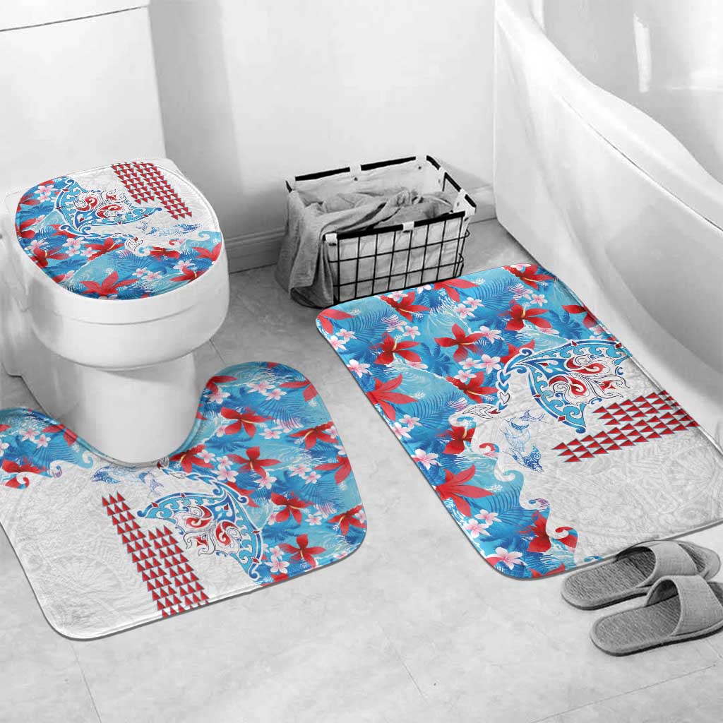 Hawaiian Tribal Manta Ray Bathroom Set Kakau Tattoo and Flowers Surfing Waves Pattern Ocean Color LT03 Mat Set Only (3 pcs) One Size Multicolor - Polynesian Pride