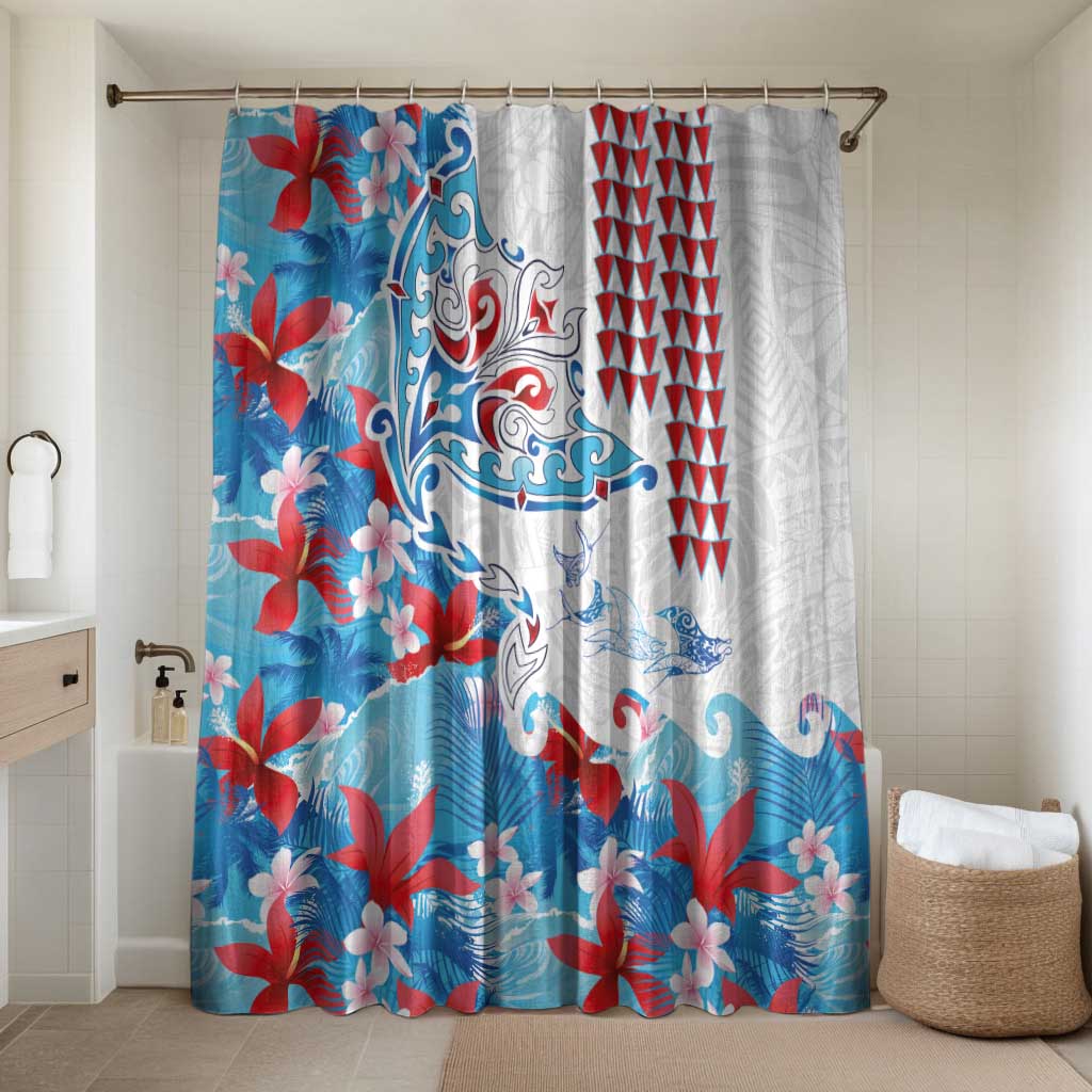 Hawaiian Tribal Manta Ray Bathroom Set Kakau Tattoo and Flowers Surfing Waves Pattern Ocean Color LT03 Shower Curtain Only Multicolor - Polynesian Pride