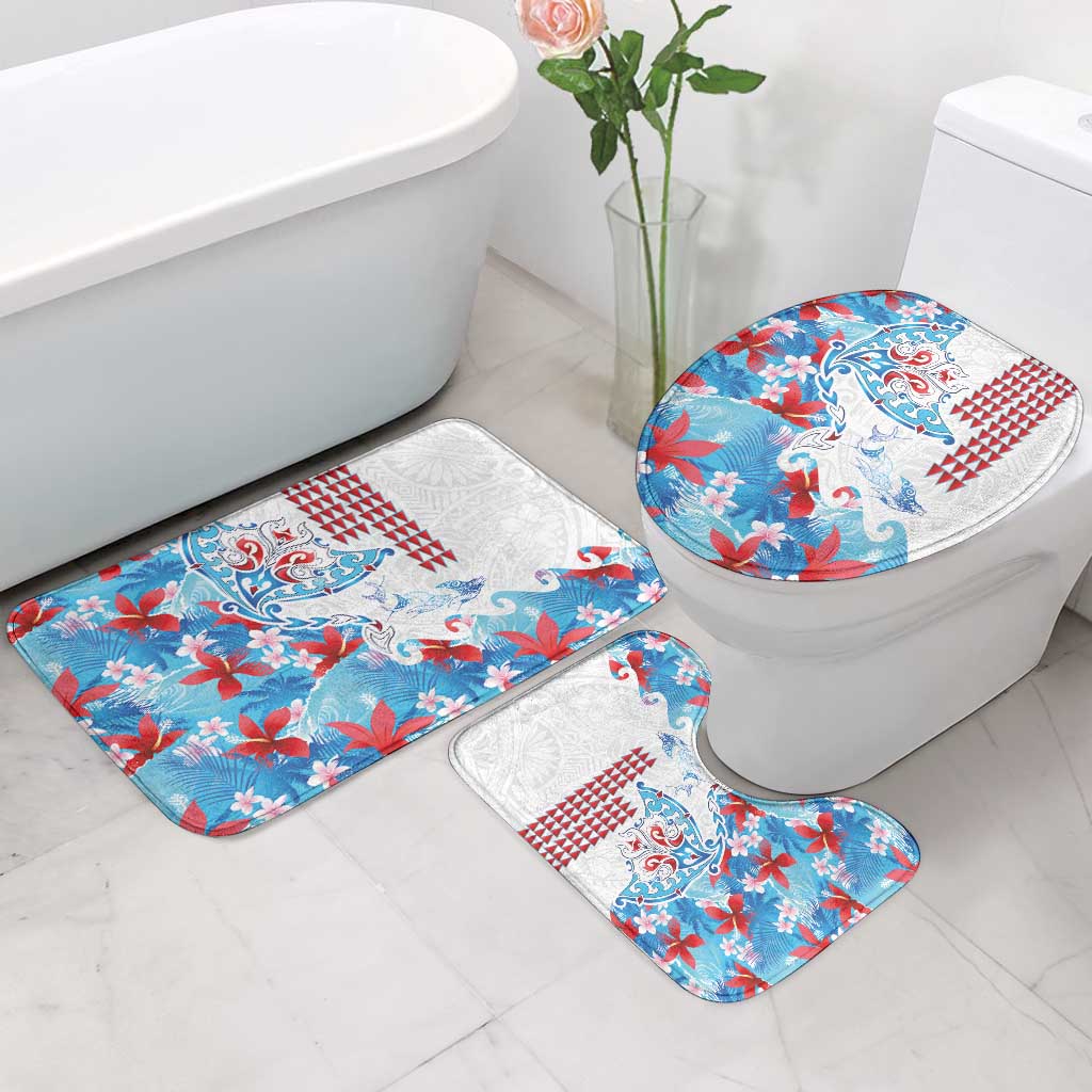 Hawaiian Tribal Manta Ray Bathroom Set Kakau Tattoo and Flowers Surfing Waves Pattern Ocean Color LT03 - Polynesian Pride