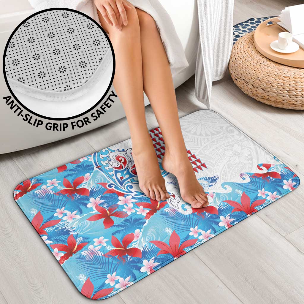Hawaiian Tribal Manta Ray Bathroom Set Kakau Tattoo and Flowers Surfing Waves Pattern Ocean Color LT03 - Polynesian Pride