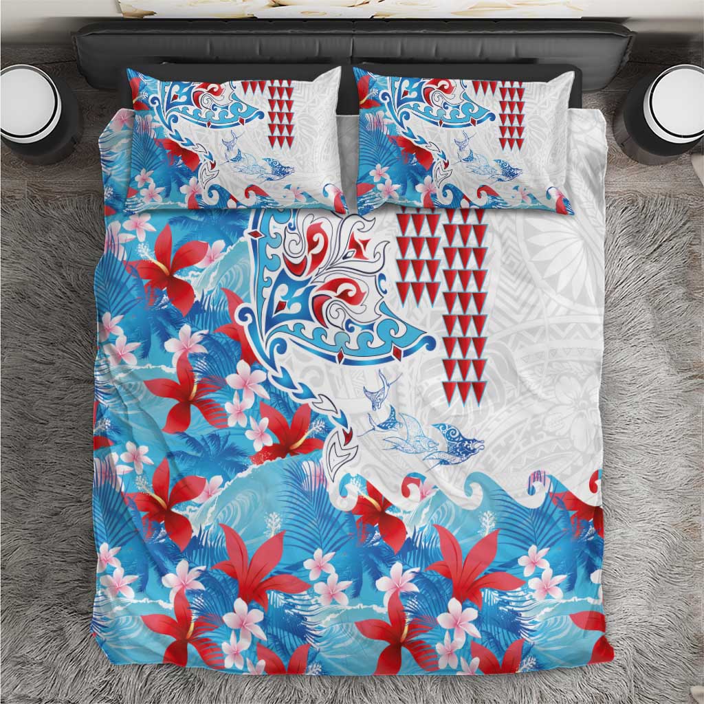 Hawaiian Tribal Manta Ray Bedding Set Kakau Tattoo and Flowers Surfing Waves Pattern Ocean Color LT03 Multicolor - Polynesian Pride