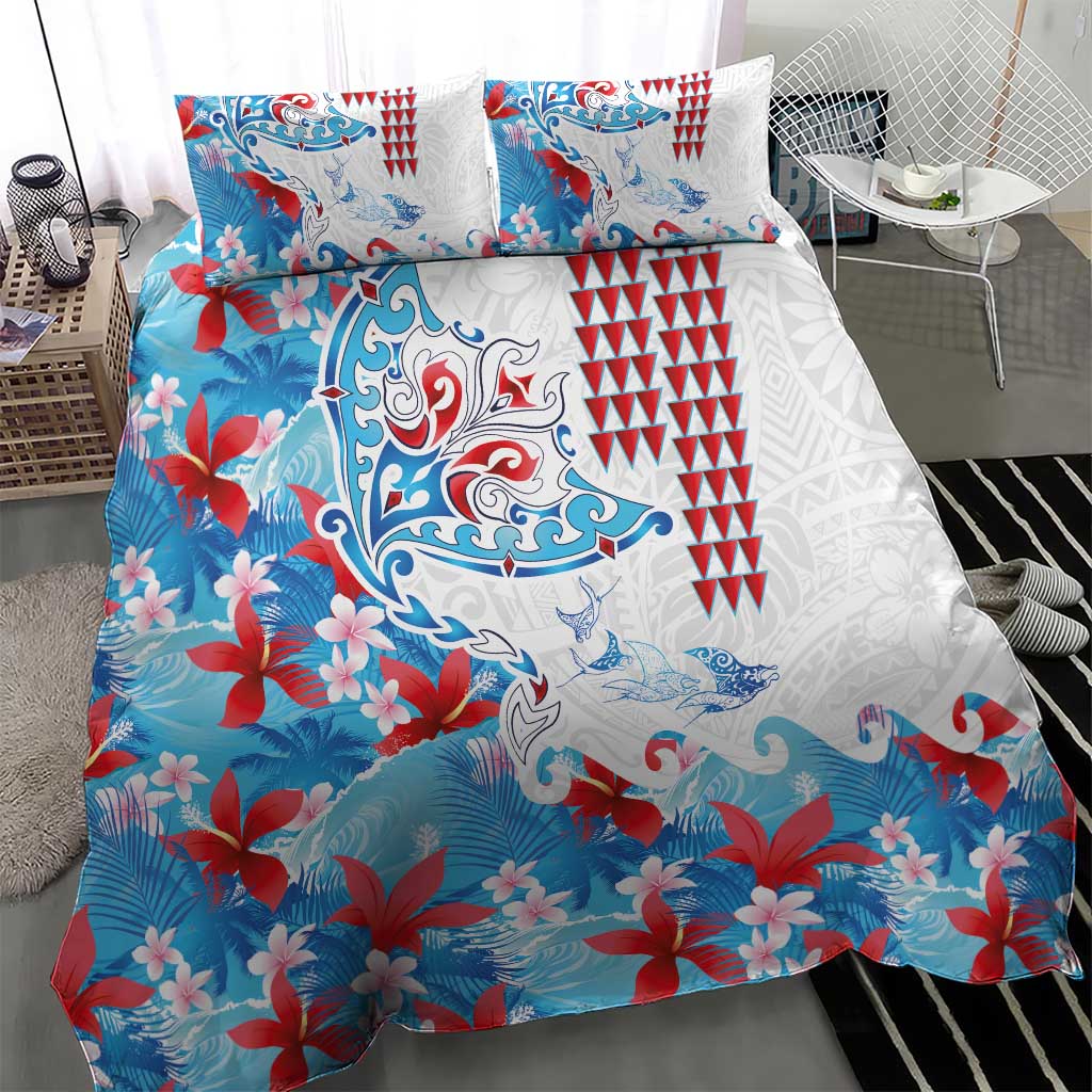 Hawaiian Tribal Manta Ray Bedding Set Kakau Tattoo and Flowers Surfing Waves Pattern Ocean Color LT03 - Polynesian Pride