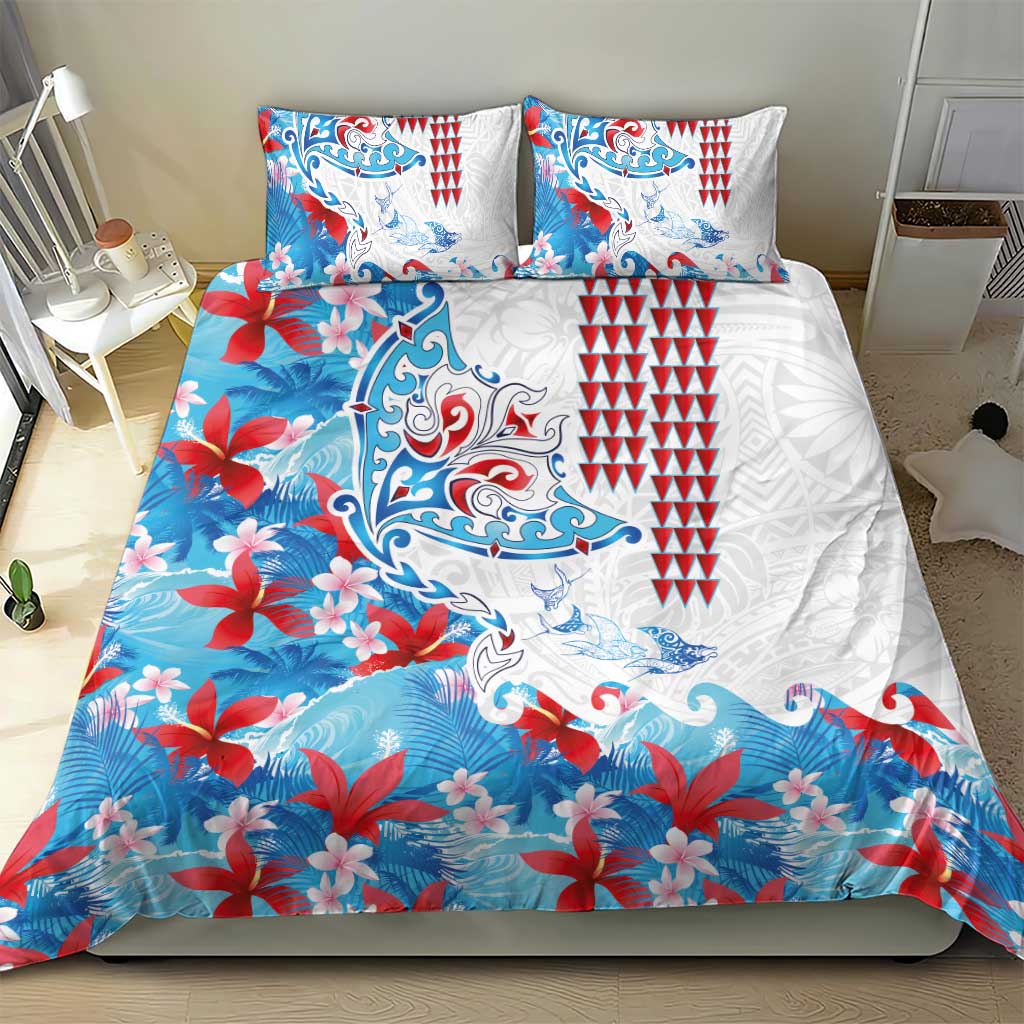 Hawaiian Tribal Manta Ray Bedding Set Kakau Tattoo and Flowers Surfing Waves Pattern Ocean Color LT03 - Polynesian Pride