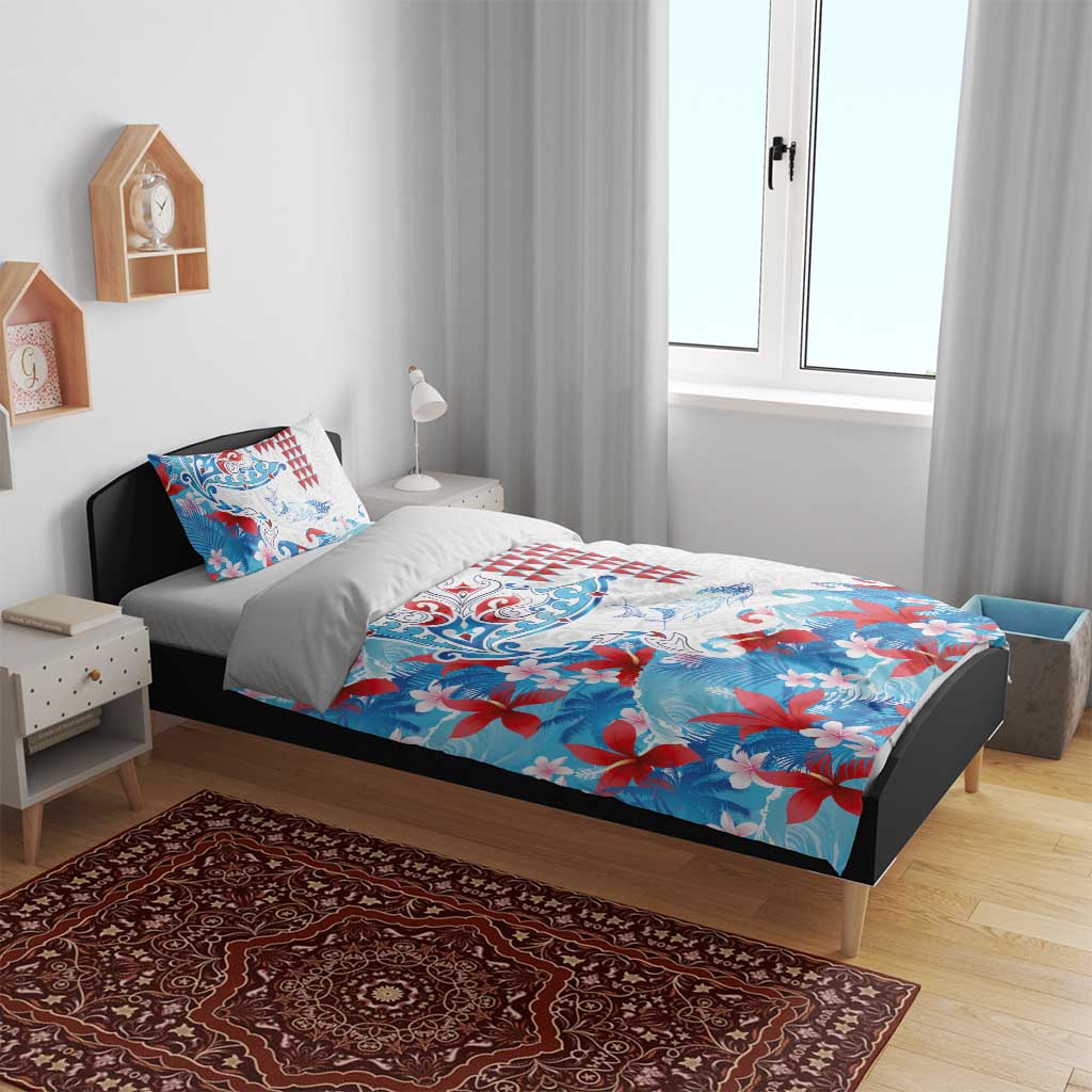 Hawaiian Tribal Manta Ray Bedding Set Kakau Tattoo and Flowers Surfing Waves Pattern Ocean Color LT03 - Polynesian Pride