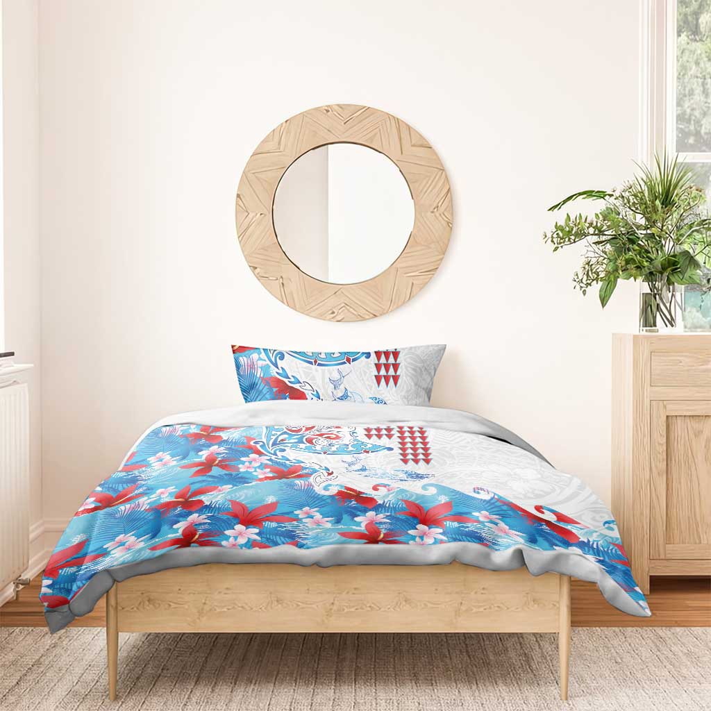Hawaiian Tribal Manta Ray Bedding Set Kakau Tattoo and Flowers Surfing Waves Pattern Ocean Color LT03 - Polynesian Pride