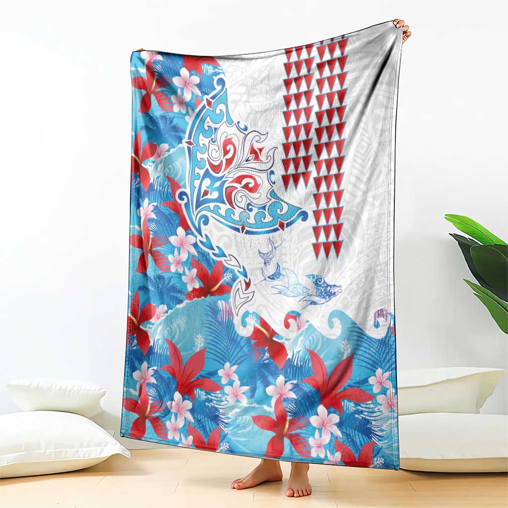 Hawaiian Tribal Manta Ray Blanket Kakau Tattoo and Flowers Surfing Waves Pattern Ocean Color LT03 - Polynesian Pride