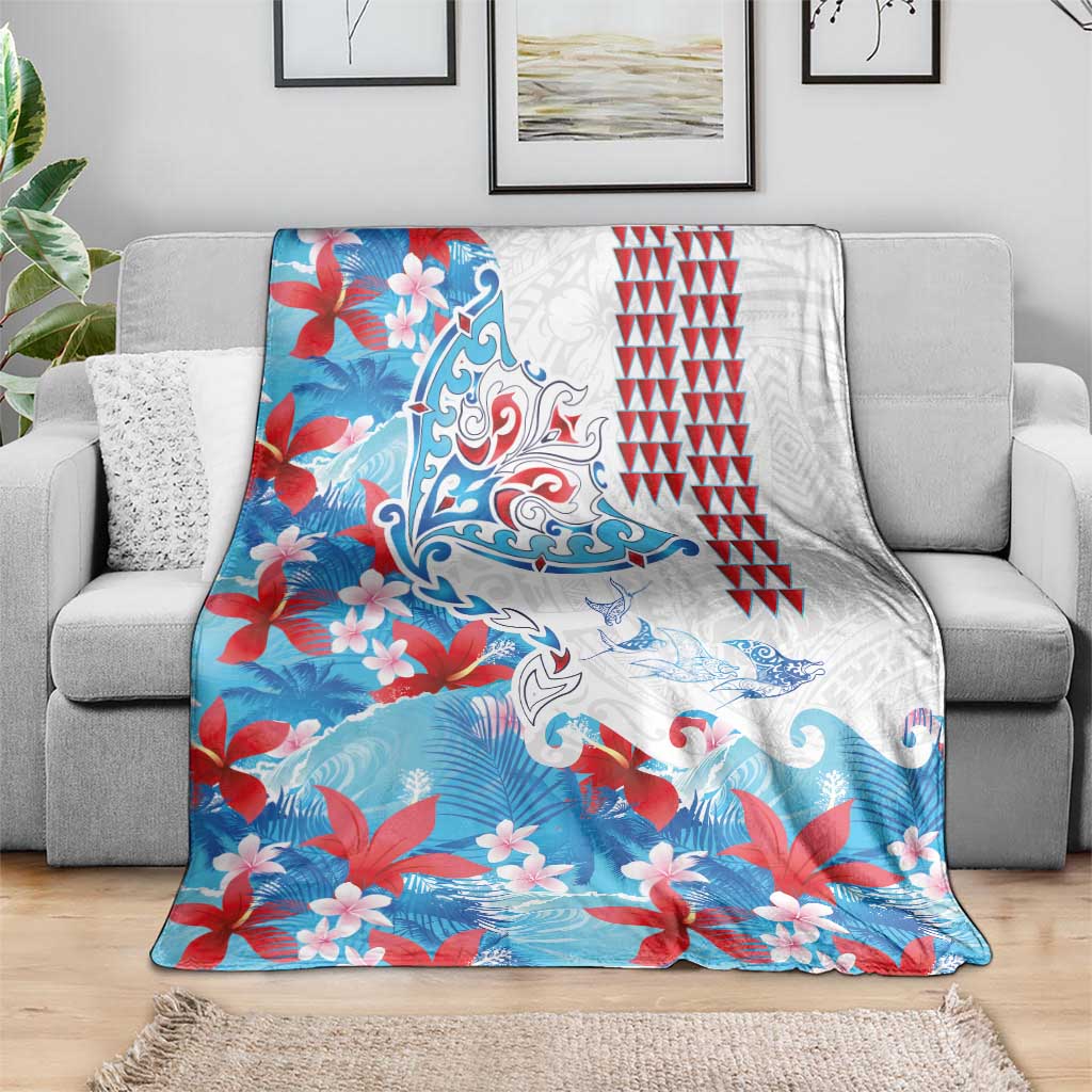Hawaiian Tribal Manta Ray Blanket Kakau Tattoo and Flowers Surfing Waves Pattern Ocean Color LT03 - Polynesian Pride