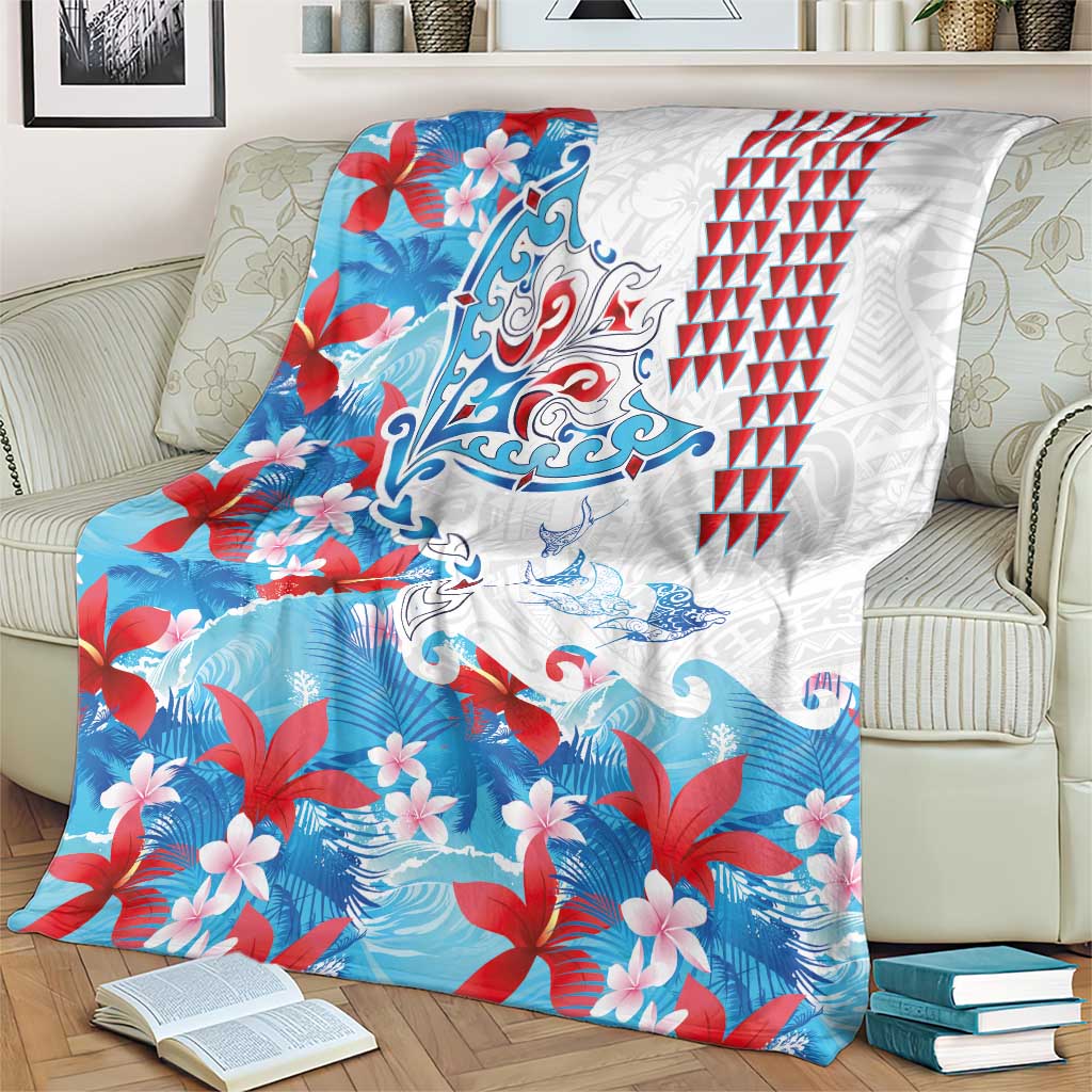 Hawaiian Tribal Manta Ray Blanket Kakau Tattoo and Flowers Surfing Waves Pattern Ocean Color LT03 - Polynesian Pride