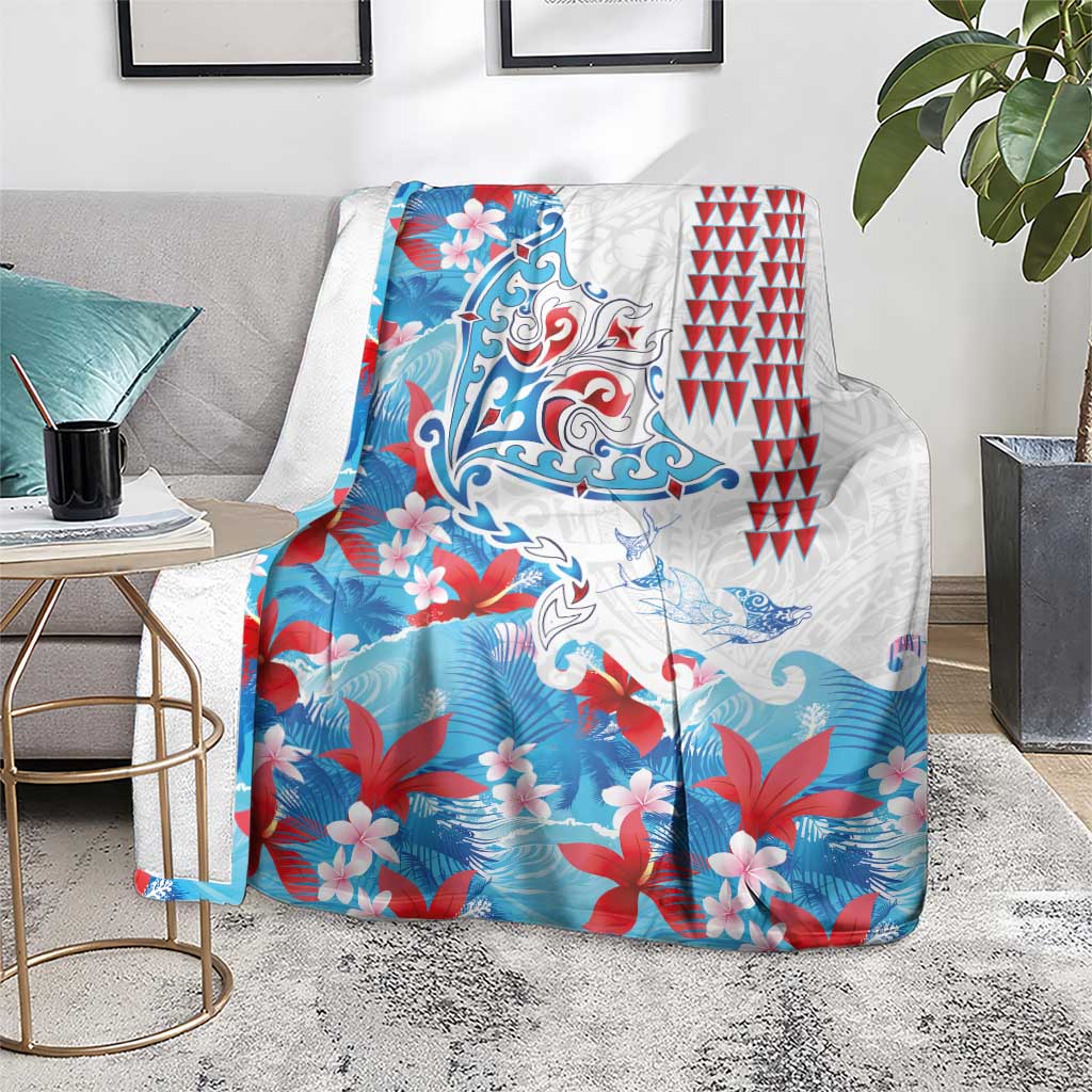 Hawaiian Tribal Manta Ray Blanket Kakau Tattoo and Flowers Surfing Waves Pattern Ocean Color LT03 - Polynesian Pride