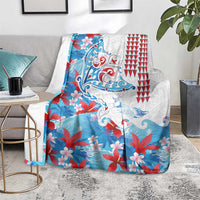 Hawaiian Tribal Manta Ray Blanket Kakau Tattoo and Flowers Surfing Waves Pattern Ocean Color LT03 - Polynesian Pride