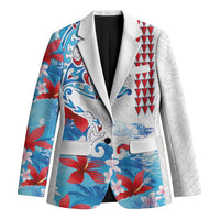 Hawaiian Tribal Manta Ray Blazer Kakau Tattoo and Flowers Surfing Waves Pattern Ocean Color