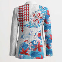 Hawaiian Tribal Manta Ray Blazer Kakau Tattoo and Flowers Surfing Waves Pattern Ocean Color
