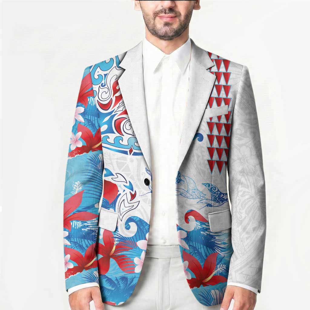 Hawaiian Tribal Manta Ray Blazer Kakau Tattoo and Flowers Surfing Waves Pattern Ocean Color