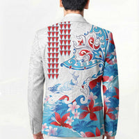 Hawaiian Tribal Manta Ray Blazer Kakau Tattoo and Flowers Surfing Waves Pattern Ocean Color
