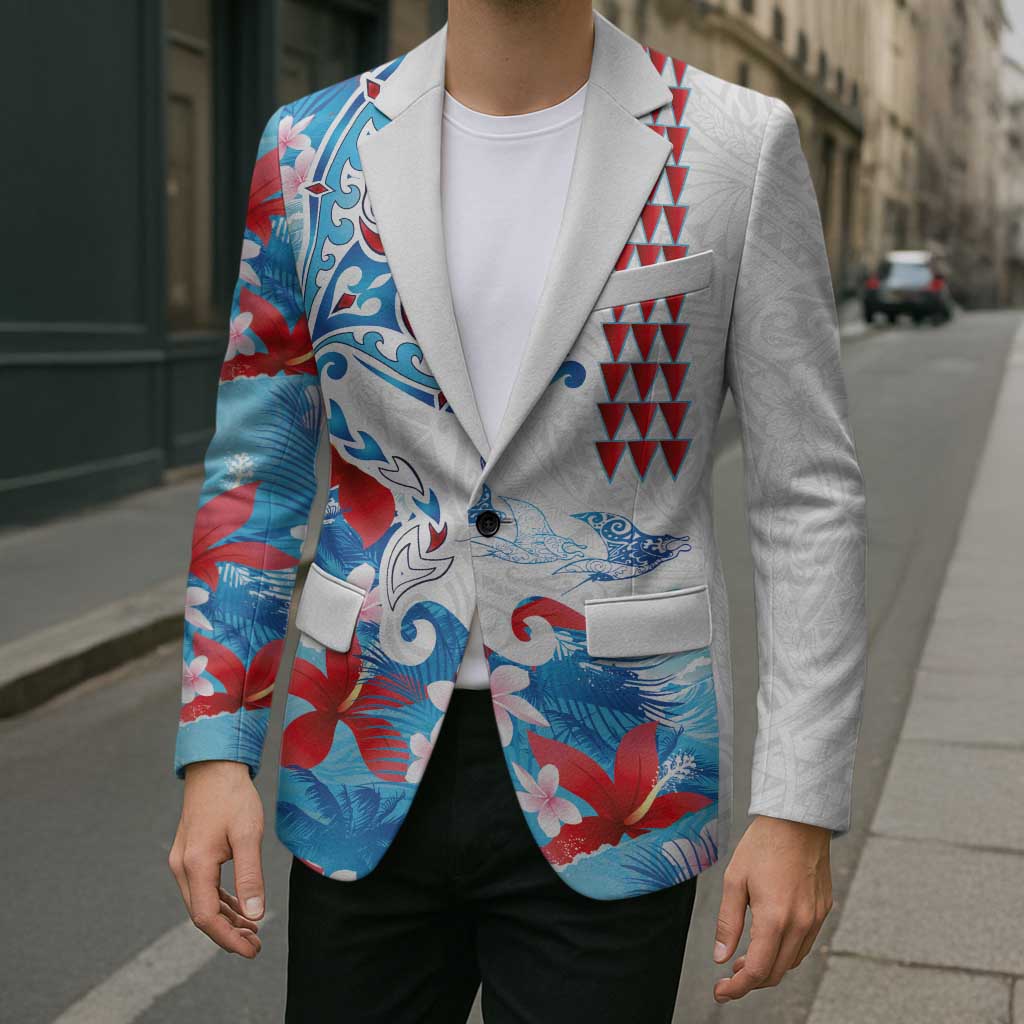 Hawaiian Tribal Manta Ray Blazer Kakau Tattoo and Flowers Surfing Waves Pattern Ocean Color