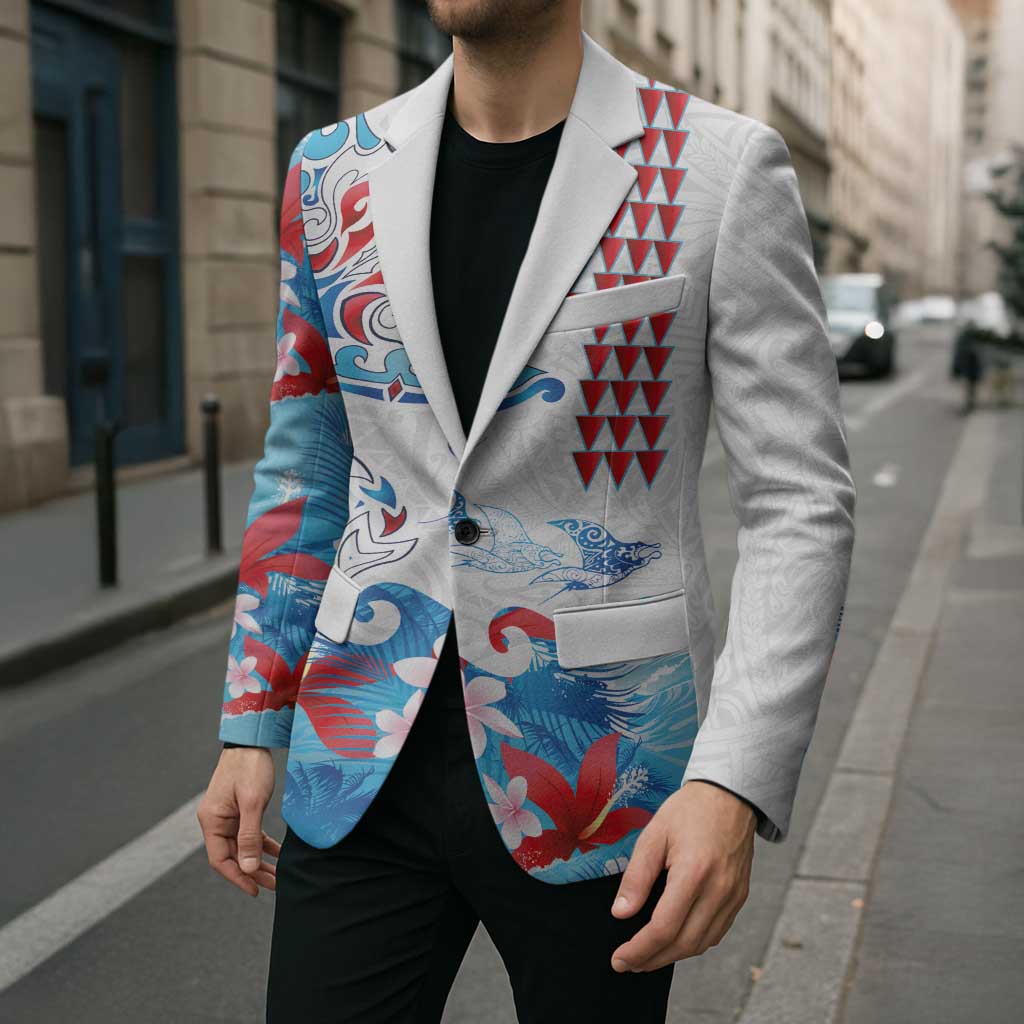 Hawaiian Tribal Manta Ray Blazer Kakau Tattoo and Flowers Surfing Waves Pattern Ocean Color