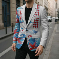 Hawaiian Tribal Manta Ray Blazer Kakau Tattoo and Flowers Surfing Waves Pattern Ocean Color