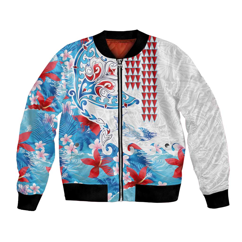 Hawaiian Tribal Manta Ray Bomber Jacket Kakau Tattoo and Flowers Surfing Waves Pattern Ocean Color