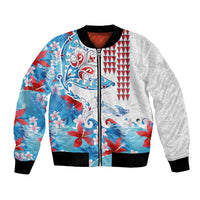 Hawaiian Tribal Manta Ray Bomber Jacket Kakau Tattoo and Flowers Surfing Waves Pattern Ocean Color